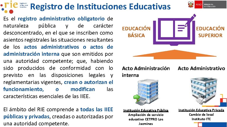 Registro de Instituciones Educativas Es el registro administrativo obligatorio de naturaleza pública y de