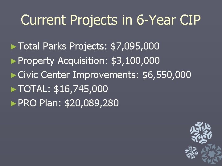 Current Projects in 6 -Year CIP ► Total Parks Projects: $7, 095, 000 ►