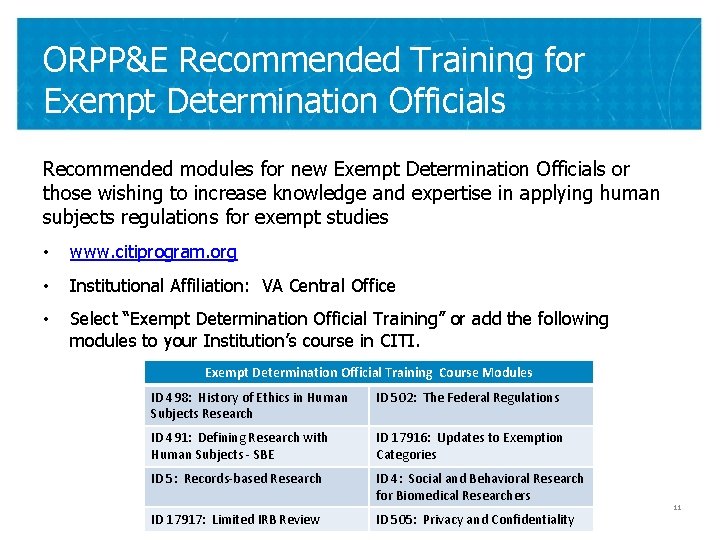 ORPP&E Recommended Training for Exempt Determination Officials Recommended modules for new Exempt Determination Officials