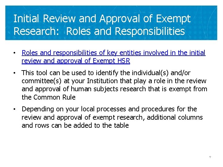 Initial Review and Approval of Exempt Research: Roles and Responsibilities • Roles and responsibilities