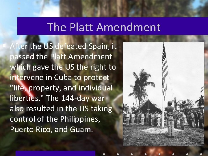 The Platt Amendment § After the US defeated Spain, it passed the Platt Amendment