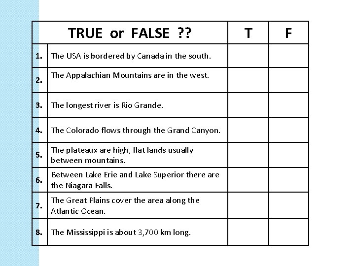 TRUE or FALSE ? ? 1. The USA is bordered by Canada in the