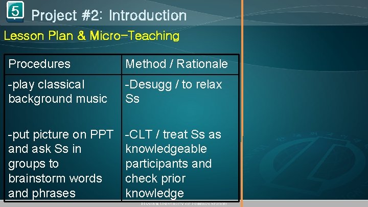 5 Project #2: Introduction 1 Lesson Plan & Micro-Teaching Procedures Method / Rationale -play