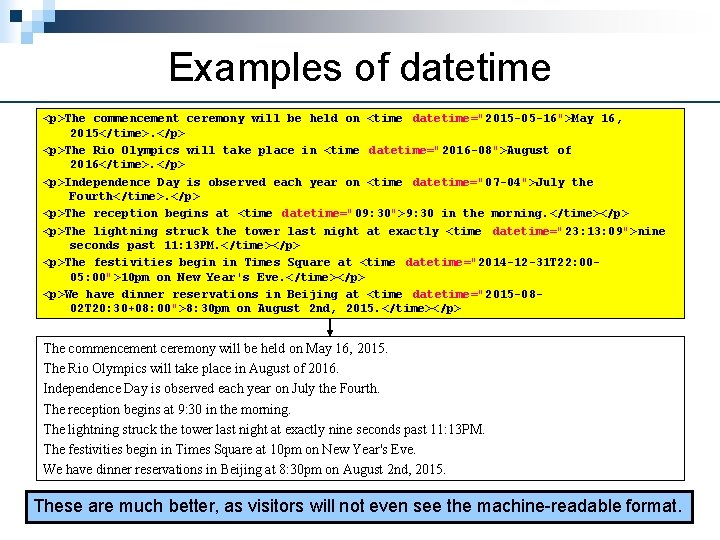 Examples of datetime <p>The commencement ceremony will be held on <time datetime="2015 -05 -16">May