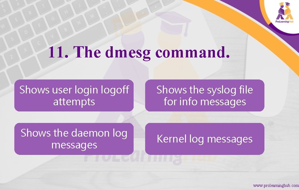 11. The dmesg command. Shows user login logoff attempts Shows the syslog file for