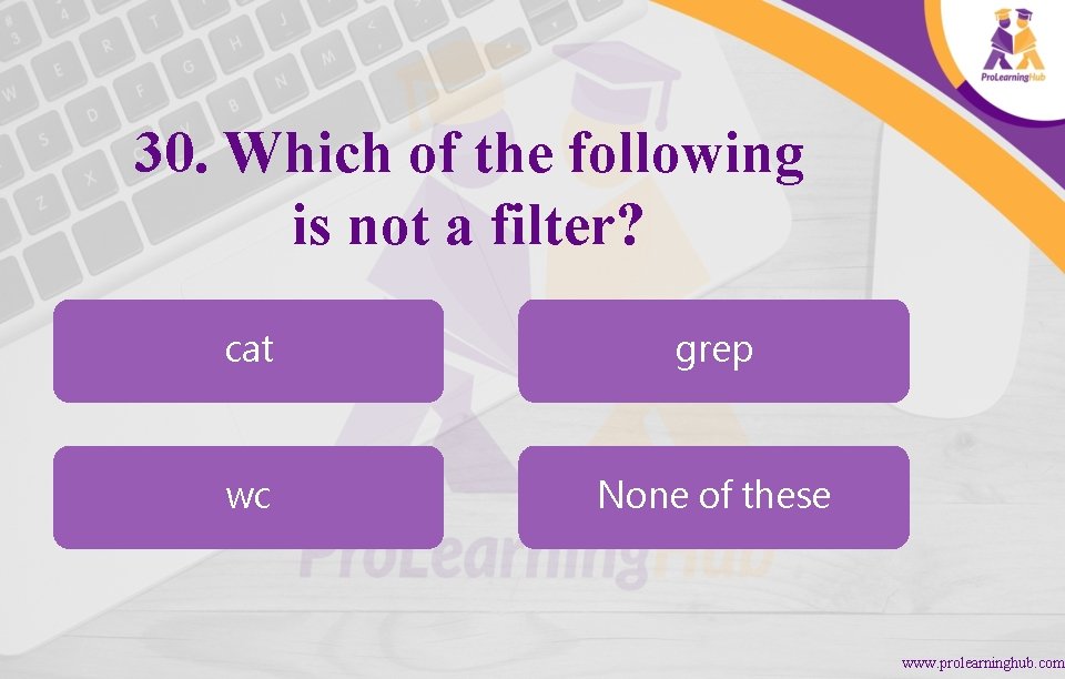 30. Which of the following is not a filter? cat grep wc None of