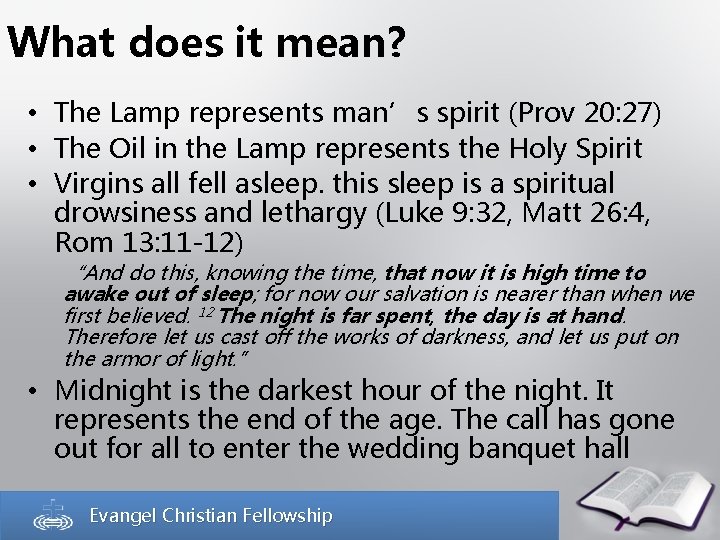 What does it mean? • The Lamp represents man’s spirit (Prov 20: 27) •