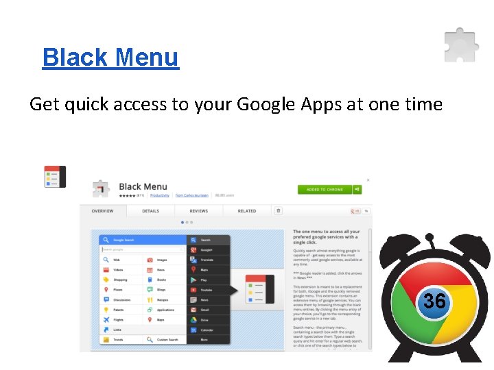 Black Menu Get quick access to your Google Apps at one time 36 