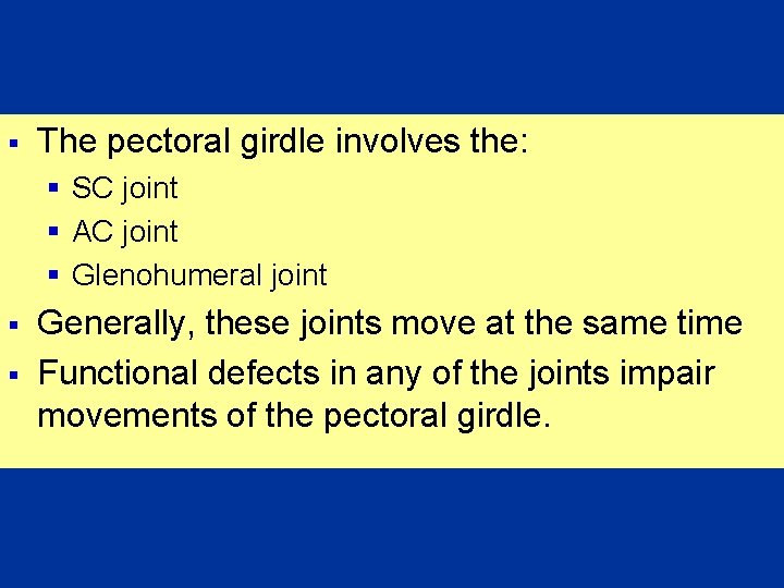 § The pectoral girdle involves the: § SC joint § AC joint § Glenohumeral