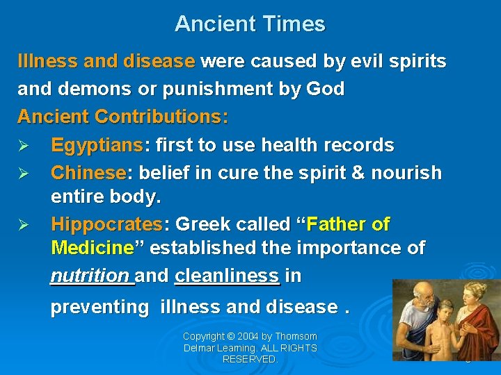 Ancient Times Illness and disease were caused by evil spirits and demons or punishment