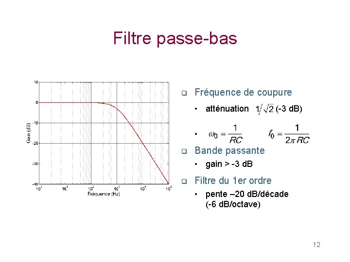 Filtre passe-bas q Fréquence de coupure • atténuation (-3 d. B) • q Bande