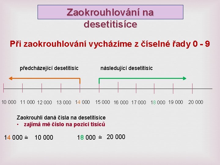 Zaokrouhlování na desetitisíce Při zaokrouhlování vycházíme z číselné řady 0 - 9 předcházející desetitisíc