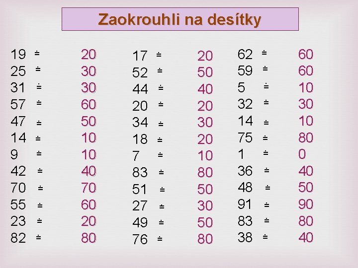 Zaokrouhli na desítky 19 25 31 57 47 14 9 42 70 55 23