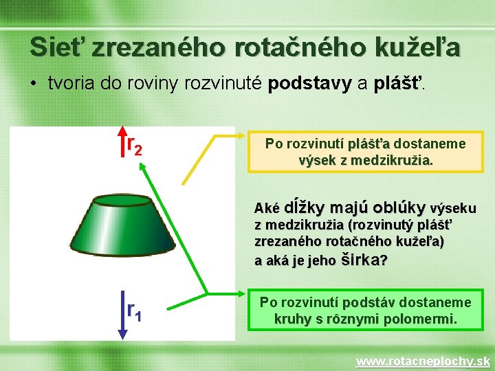 Sieť zrezaného rotačného kužeľa • tvoria do roviny rozvinuté podstavy a plášť. r 2