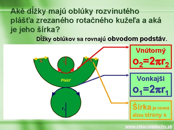 Aké dĺžky majú oblúky rozvinutého plášťa zrezaného rotačného kužeľa a aká je jeho šírka?