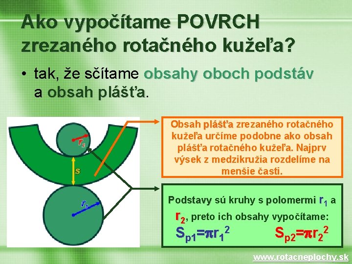 Ako vypočítame POVRCH zrezaného rotačného kužeľa? • tak, že sčítame obsahy oboch podstáv a