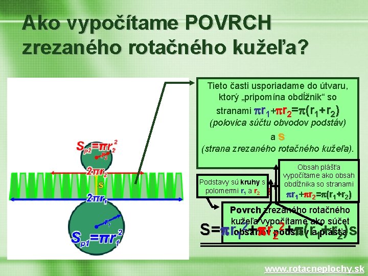 Ako vypočítame POVRCH zrezaného rotačného kužeľa? Tieto časti usporiadame do útvaru, ktorý „pripomína obdĺžnik“