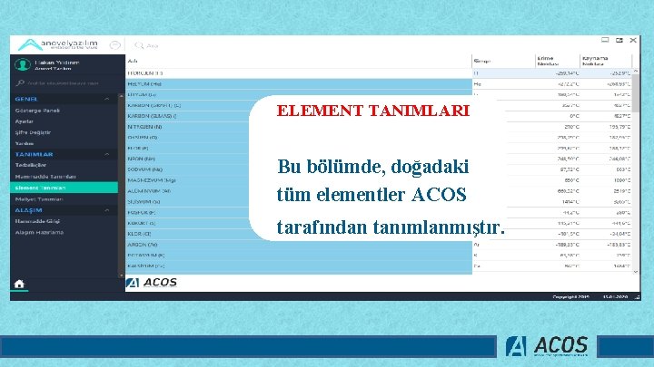 ELEMENT TANIMLARI Bu bölümde, doğadaki tüm elementler ACOS tarafından tanımlanmıştır. 