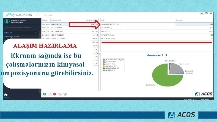 ALAŞIM HAZIRLAMA Ekranın sağında ise bu çalışmalarınızın kimyasal kompozisyonunu görebilirsiniz. 