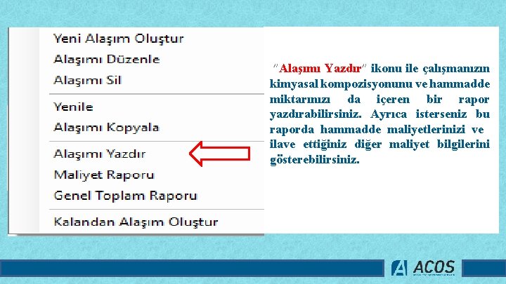 ”Alaşımı Yazdır” ikonu ile çalışmanızın kimyasal kompozisyonunu ve hammadde miktarınızı da içeren bir rapor