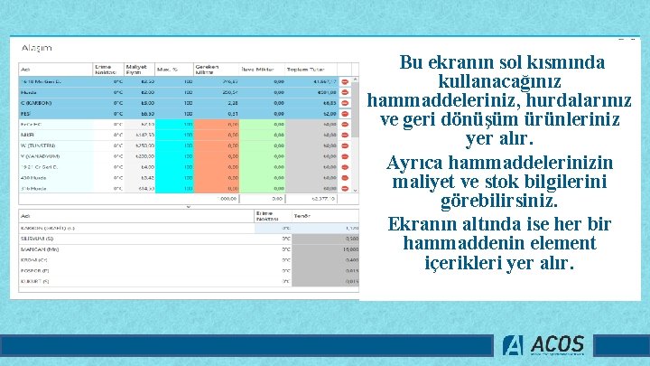 Bu ekranın sol kısmında kullanacağınız hammaddeleriniz, hurdalarınız ve geri dönüşüm ürünleriniz yer alır. Ayrıca