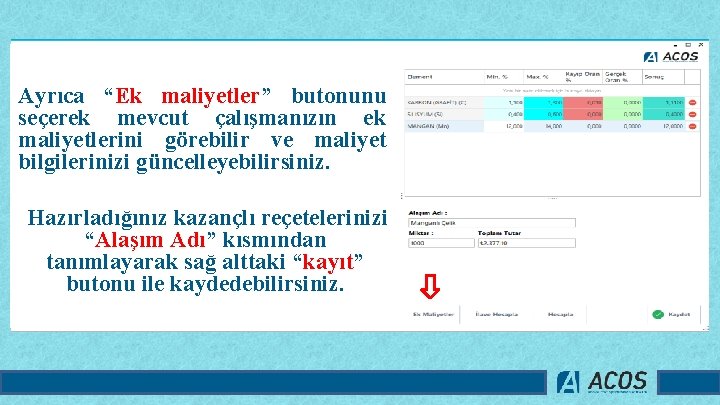 Ayrıca “Ek maliyetler” butonunu seçerek mevcut çalışmanızın ek maliyetlerini görebilir ve maliyet bilgilerinizi güncelleyebilirsiniz.