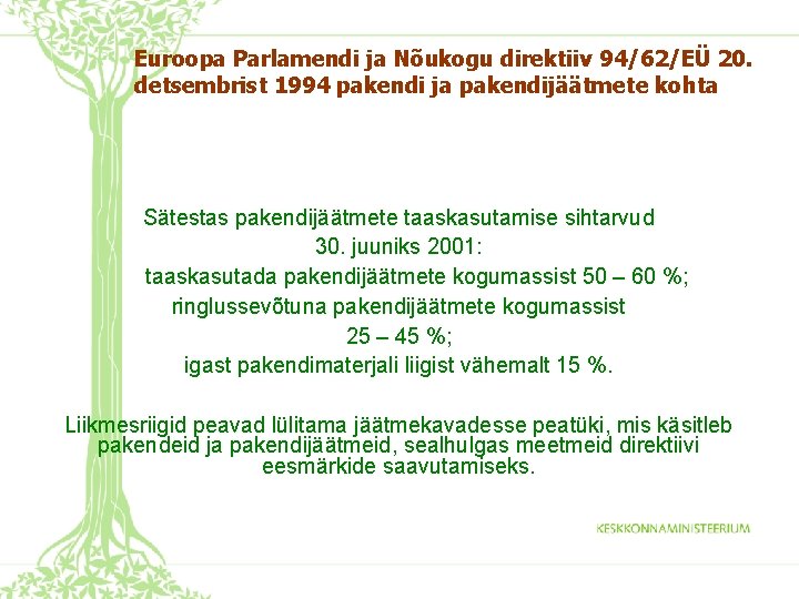 Euroopa Parlamendi ja Nõukogu direktiiv 94/62/EÜ 20. detsembrist 1994 pakendi ja pakendijäätmete kohta Sätestas