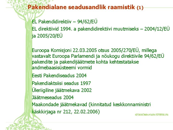 Pakendialane seadusandlik raamistik (1) EL Pakendidirektiiv – 94/62/EÜ EL direktiivid 1994. a pakendidirektiivi muutmiseks