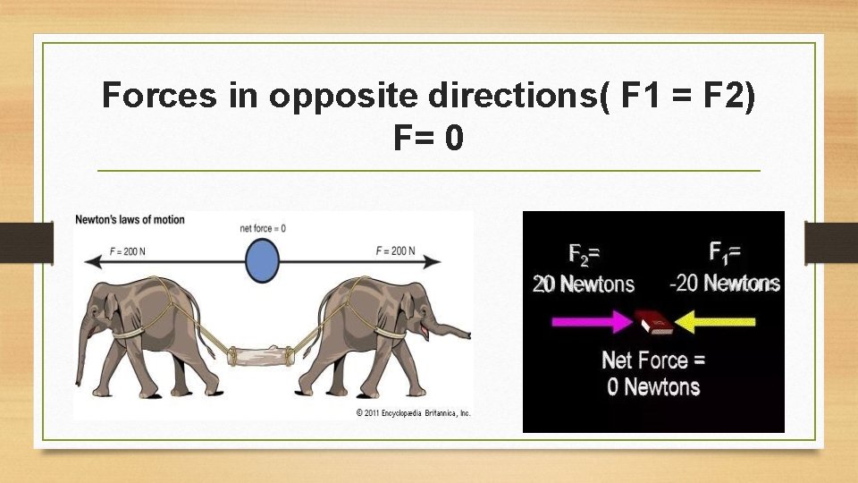 Forces in opposite directions( F 1 = F 2) F= 0 