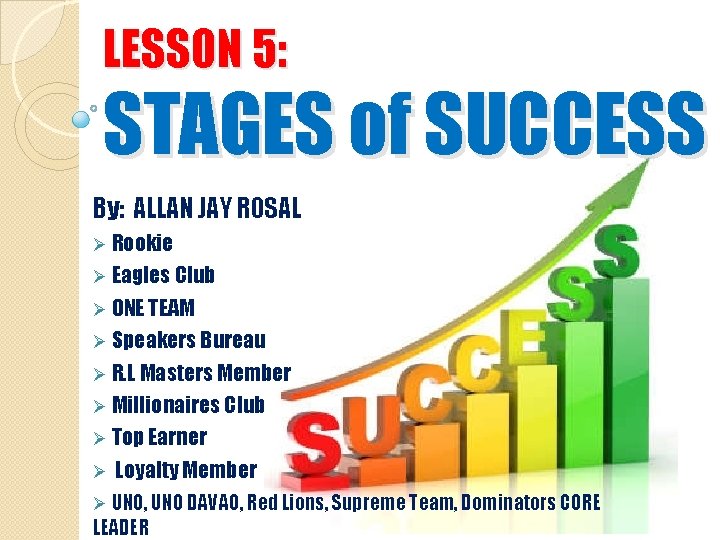 LESSON 5: STAGES of SUCCESS By: ALLAN JAY ROSAL Ø Rookie Ø Eagles Club