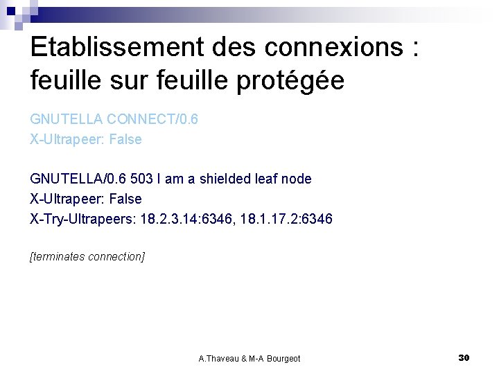 Etablissement des connexions : feuille sur feuille protégée GNUTELLA CONNECT/0. 6 X-Ultrapeer: False GNUTELLA/0.