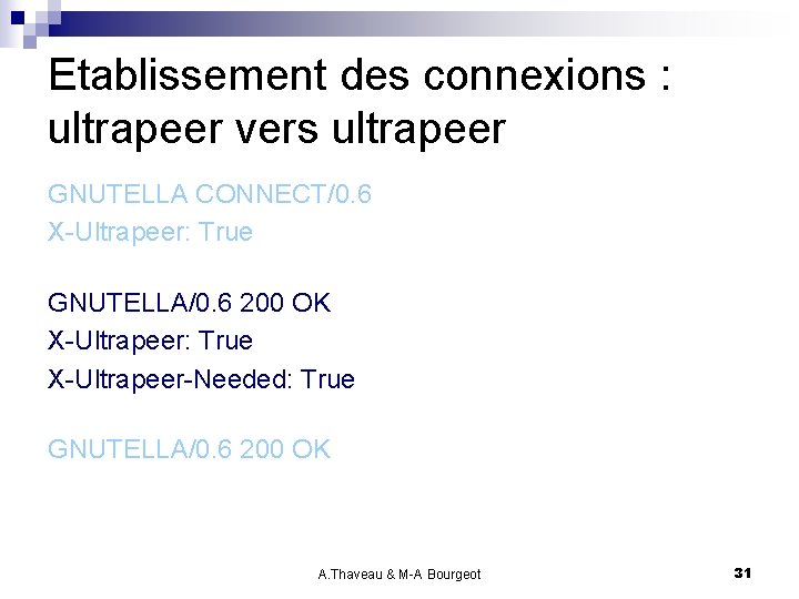 Etablissement des connexions : ultrapeer vers ultrapeer GNUTELLA CONNECT/0. 6 X-Ultrapeer: True GNUTELLA/0. 6