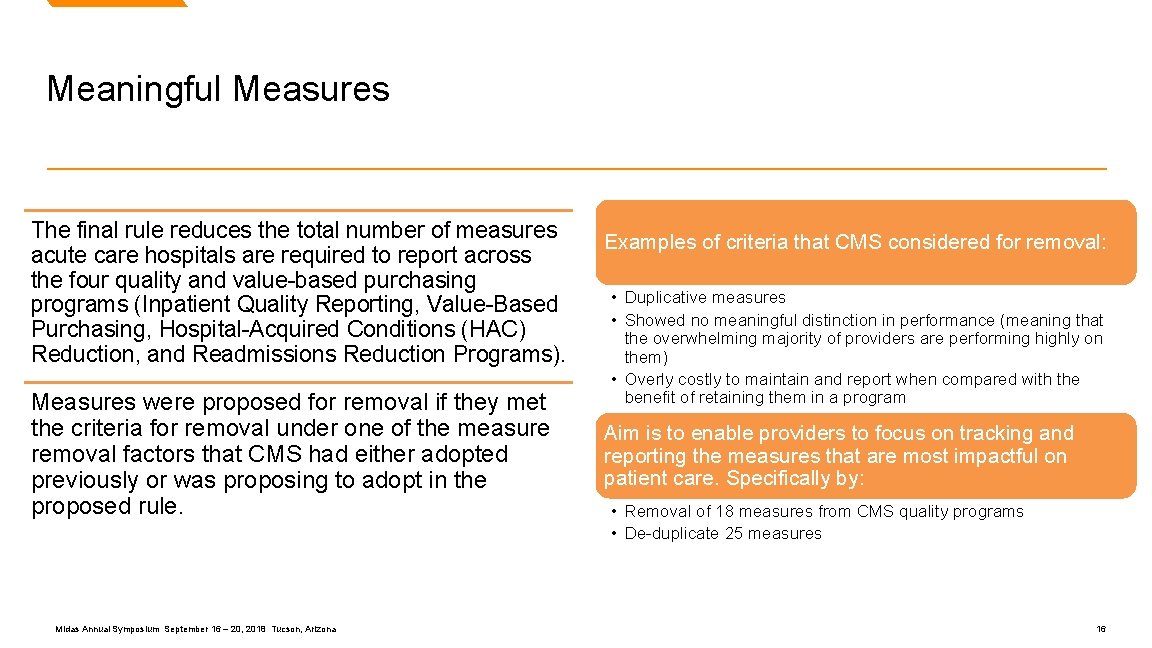 Meaningful Measures The final rule reduces the total number of measures acute care hospitals