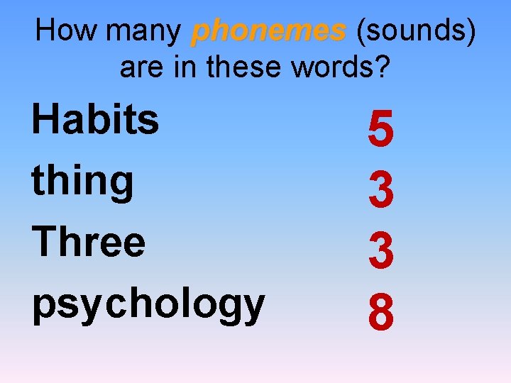 How many phonemes (sounds) are in these words? Habits thing Three psychology 5 3
