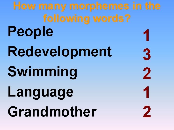 How many morphemes in the following words? People Redevelopment Swimming Language Grandmother 1 3