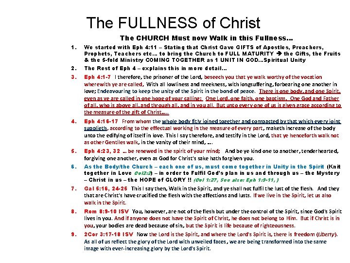 The FULLNESS of Christ The CHURCH Must now Walk in this Fullness… 1. We