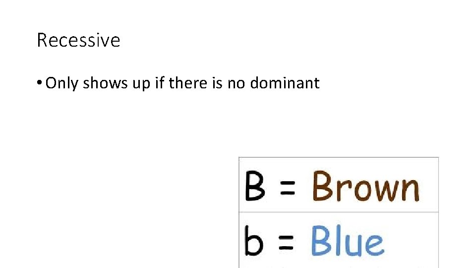 Recessive • Only shows up if there is no dominant 