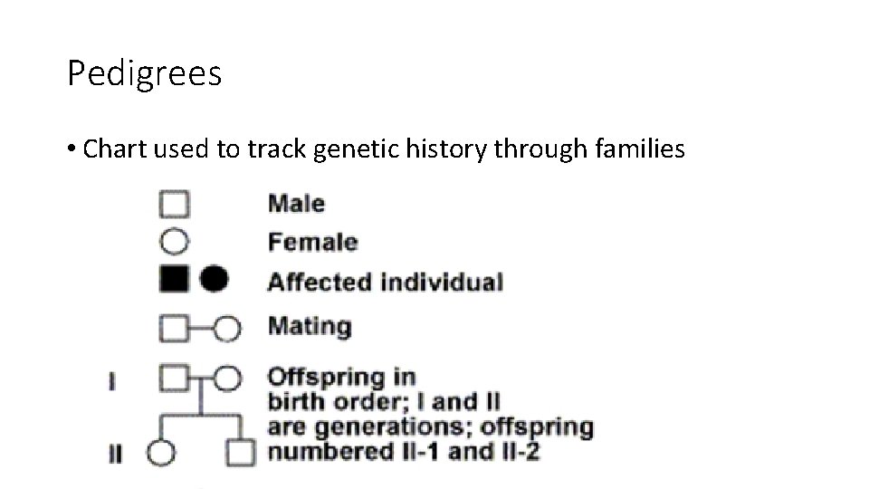 Pedigrees • Chart used to track genetic history through families 