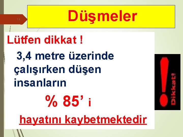 14 Düşmeler Lütfen dikkat ! 3, 4 metre üzerinde çalışırken düşen insanların % 85’