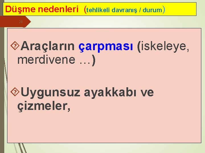 Düşme nedenleri (tehlikeli davranış / durum) 26 Araçların çarpması (iskeleye, merdivene …) Uygunsuz ayakkabı