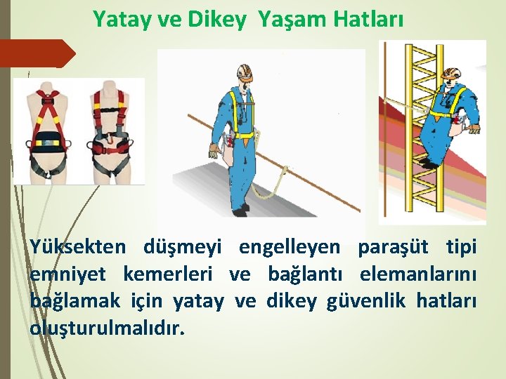 Yatay ve Dikey Yaşam Hatları Yüksekten düşmeyi engelleyen paraşüt tipi emniyet kemerleri ve bağlantı