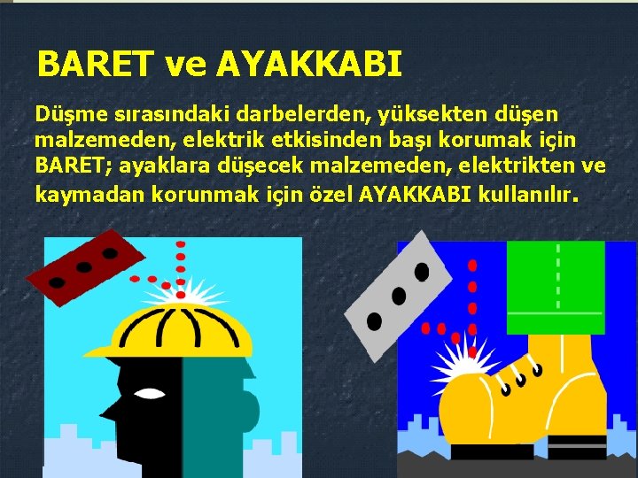 BARET ve AYAKKABI 95 Düşme sırasındaki darbelerden, yüksekten düşen malzemeden, elektrik etkisinden başı korumak