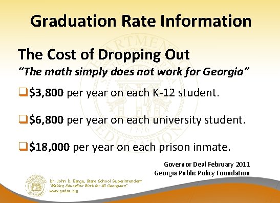 Graduation Rate Information The Cost of Dropping Out “The math simply does not work