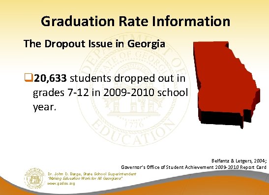 Graduation Rate Information The Dropout Issue in Georgia q 20, 633 students dropped out