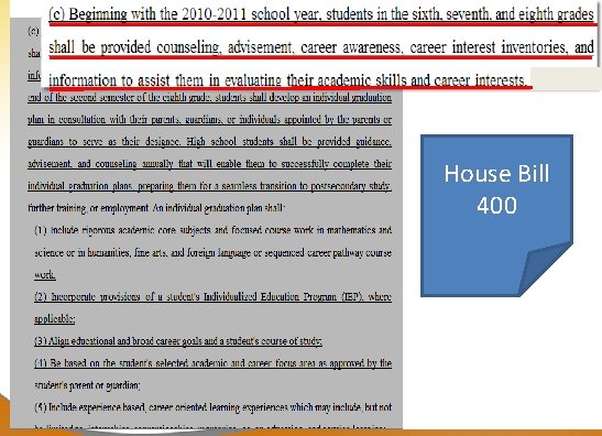 House Bill 400 Dr. John D. Barge, State School Superintendent “Making Education Work for