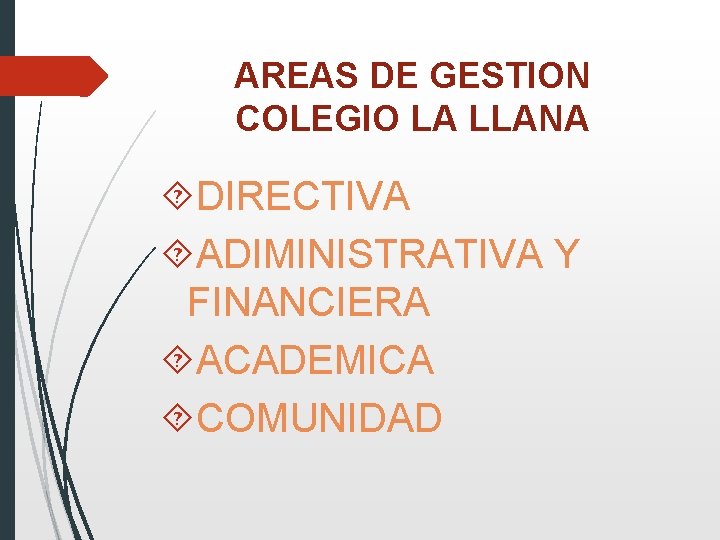 AREAS DE GESTION COLEGIO LA LLANA DIRECTIVA ADIMINISTRATIVA Y FINANCIERA ACADEMICA COMUNIDAD 