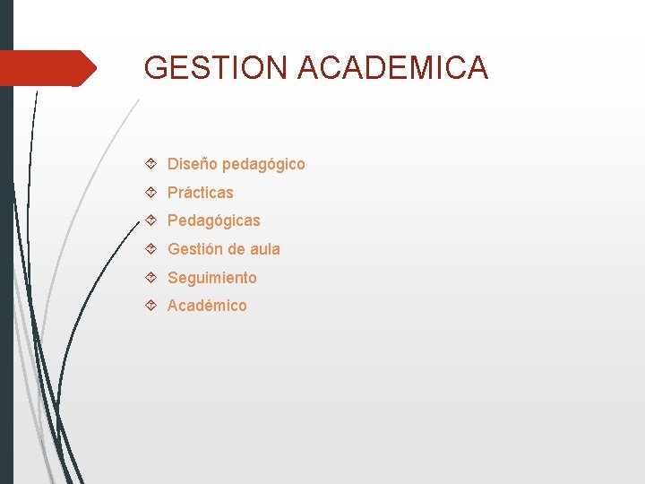 GESTION ACADEMICA Diseño pedagógico Prácticas Pedagógicas Gestión de aula Seguimiento Académico 