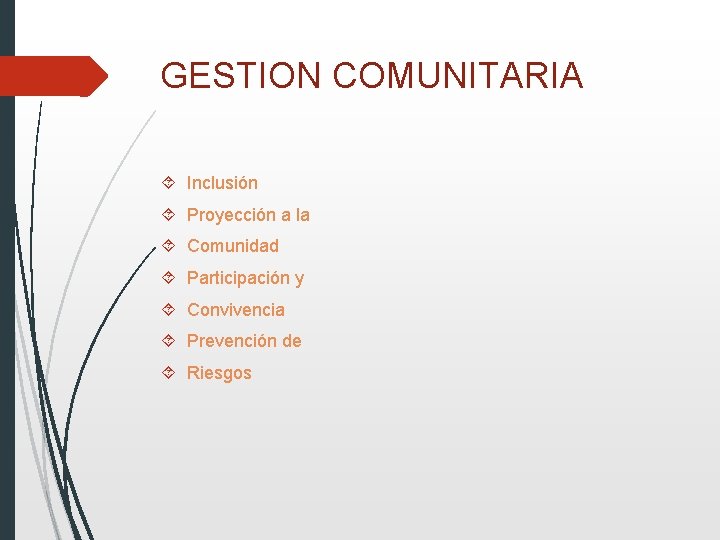 GESTION COMUNITARIA Inclusión Proyección a la Comunidad Participación y Convivencia Prevención de Riesgos 