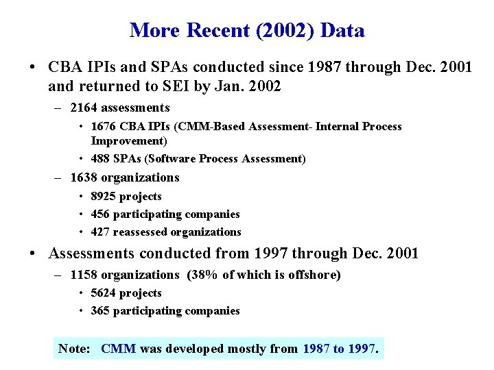 More Recent (2002) Data • CBA IPIs and SPAs conducted since 1987 through Dec.