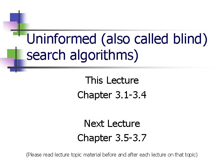 Uninformed (also called blind) search algorithms) This Lecture Chapter 3. 1 -3. 4 Next